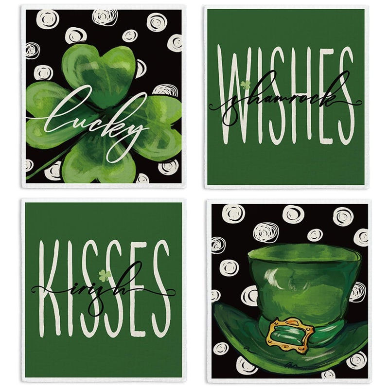 LARTSFRO Lucky Wishes Green Swedish Dishcloths for Kitchen, Swedish Dish Cloths for Four-Leaf Clover, 4 Pack Dish Towels for Kitchen, Papaya Reusable Paper Towels Washable - Image 1